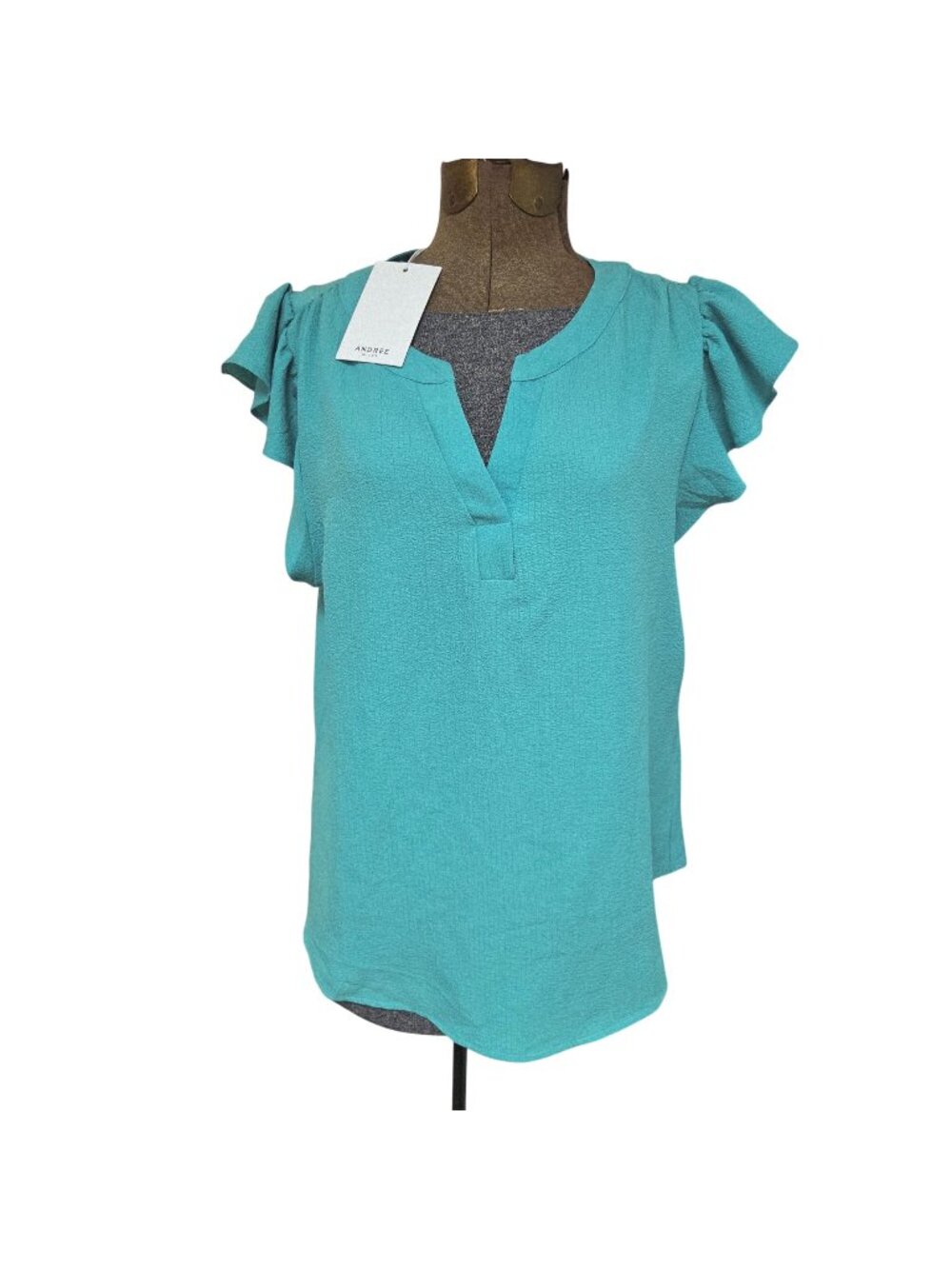 Andre By Unit Top Womens L Aqua Flutter Sleeve Split Neck Textured Crepe NWT